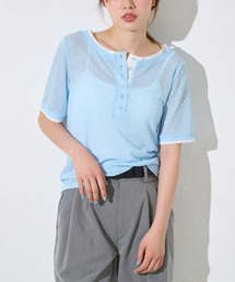 配色ヘンリーネック シアーリブ半袖Tシャツ/レイヤード風