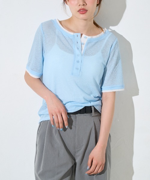 セール】配色ヘンリーネック シアーリブ半袖Tシャツ/レイヤード風（T