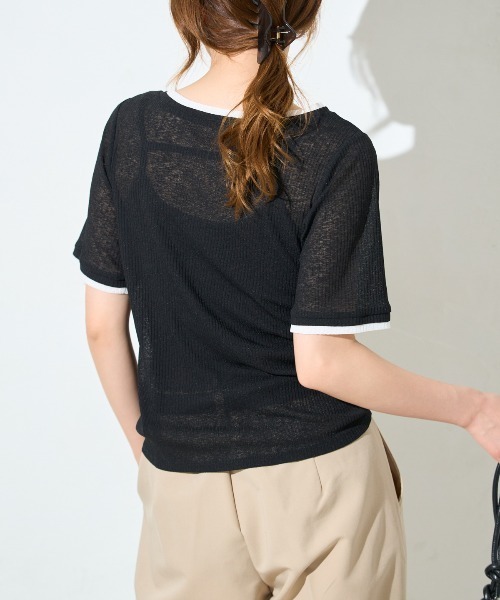 TRIANGLE PALETTE(トライアングルパレット)の「配色ヘンリーネック シアーリブ半袖Tシャツ/レイヤード風(Tシャツ/カットソー・レディース・ブルー/ブラウン/ホワイト/ブラック・FREE)」の15枚目の写真