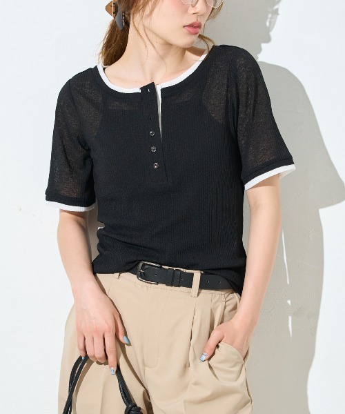 TRIANGLE PALETTE(トライアングルパレット)の「配色ヘンリーネック シアーリブ半袖Tシャツ/レイヤード風(Tシャツ/カットソー・レディース・ブルー/ブラウン/ホワイト/ブラック・FREE)」の18枚目の写真