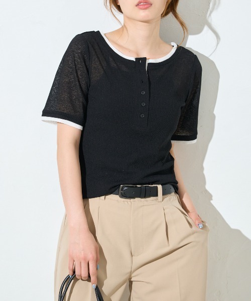 TRIANGLE PALETTE(トライアングルパレット)の「配色ヘンリーネック シアーリブ半袖Tシャツ/レイヤード風(Tシャツ/カットソー・レディース・ブルー/ブラウン/ホワイト/ブラック・FREE)」の17枚目の写真