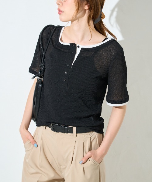 TRIANGLE PALETTE(トライアングルパレット)の「配色ヘンリーネック シアーリブ半袖Tシャツ/レイヤード風(Tシャツ/カットソー・レディース・ブルー/ブラウン/ホワイト/ブラック・FREE)」の14枚目の写真