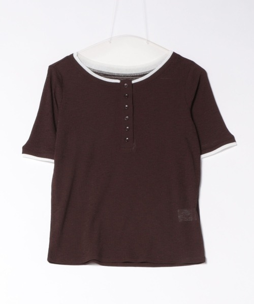 TRIANGLE PALETTE(トライアングルパレット)の「配色ヘンリーネック シアーリブ半袖Tシャツ/レイヤード風(Tシャツ/カットソー・レディース・ブルー/ブラウン/ホワイト/ブラック・FREE)」の19枚目の写真