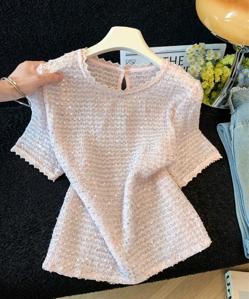 LUCPY(ラクピー)の「スパンコールツイード半袖トップス(その他トップス・レディース・ピンク/ホワイト・LARGE/MEDIUM/SMALL)」の2枚目の写真