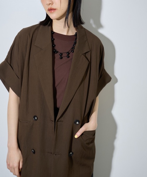 ADAM ET ROPE'（アダムエロペ）の「【定番】ショートスリーブシャツジャケット（テーラードジャケット・レディース・ホワイト系その他5/ダークブラウン/ブラック・FREE）」の8枚目の写真