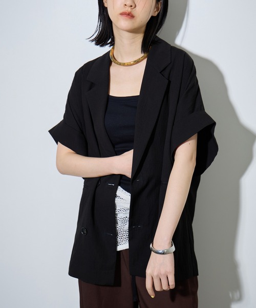 ADAM ET ROPE'（アダムエロペ）の「【定番】ショートスリーブシャツジャケット（テーラードジャケット・レディース・ホワイト系その他5/ダークブラウン/ブラック・FREE）」の14枚目の写真