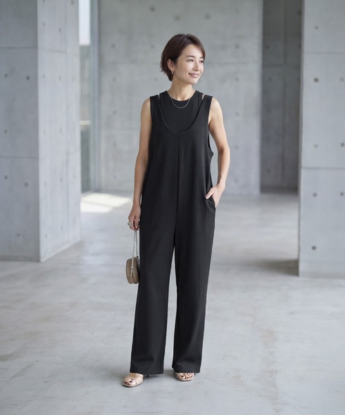 STYLE DELI（スタイルデリ）の「【selection】セパレート可能／レイヤードサロペット（サロペット/オーバーオール・レディース・ブラック/ライトグレー・FREE）」の2枚目の写真
