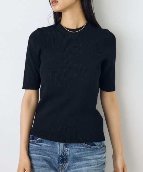 AZUL by moussy(アズールバイマウジー)の「【身長/骨格別着用画像あり】ハーフスリーブクルーネックニットトップス 秋服 半袖 無地 春服(ニット/セーター・レディース・アイボリー/ボルドー/ブラック/杢グレー・FREE)」の3枚目の写真