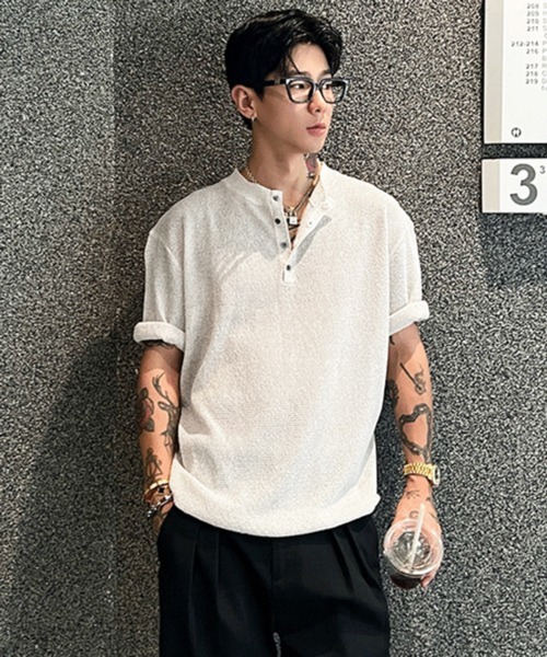 NOWLE(ノウル)の「【NOWLE】ヘンリーネック サマーニット 半袖 シャツ / リラックス トップス(ニット/セーター・メンズ・ブラック/ホワイト・LARGE/X-LARGE/MEDIUM)」の12枚目の写真