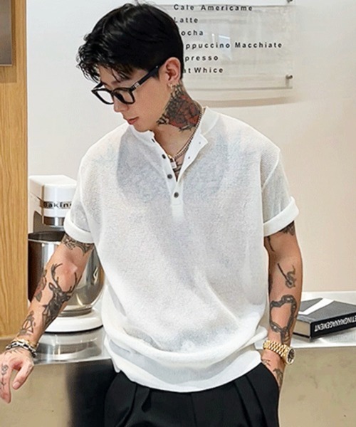 NOWLE(ノウル)の「【NOWLE】ヘンリーネック サマーニット 半袖 シャツ / リラックス トップス(ニット/セーター・メンズ・ブラック/ホワイト・LARGE/X-LARGE/MEDIUM)」の13枚目の写真