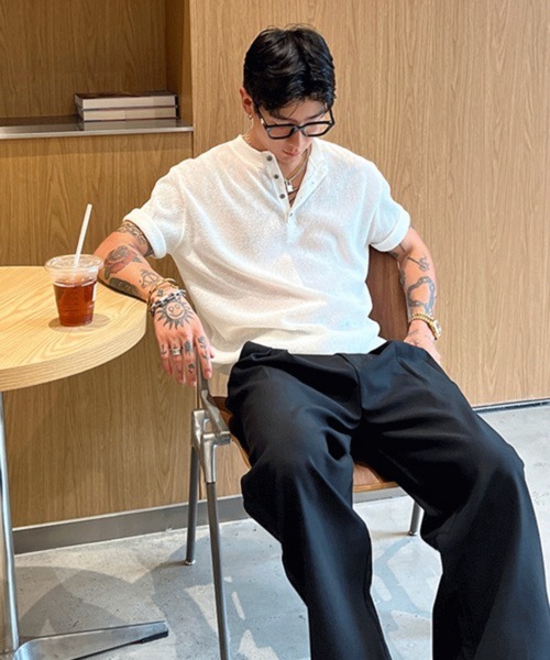 NOWLE(ノウル)の「【NOWLE】ヘンリーネック サマーニット 半袖 シャツ / リラックス トップス(ニット/セーター・メンズ・ブラック/ホワイト・LARGE/X-LARGE/MEDIUM)」の15枚目の写真