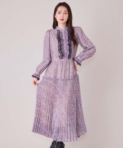 Audie a Muses(オーディアミューズ)の「ファンシーツィードプリントプリーツワンピース(ワンピース・レディース・イエロー/ピンク・38/42)」の1枚目の写真
