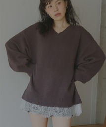 Vネックレースドッキングニット