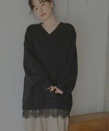 Vネックレースドッキングニット