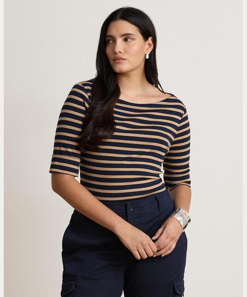 LAUREN RALPH LAUREN（ローレン ラルフ ローレン）の「ストライプド ストレッチ コットン ボートネック Tシャツ（Tシャツ/カットソー・レディース・ネイビー系1・L/M/S）」の4枚目の写真