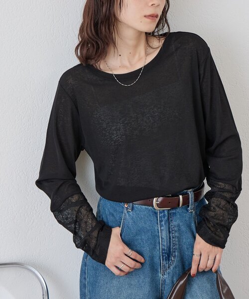 DISCOAT（ディスコート）の「【WEB限定】レース切替シアープルオーバー（Tシャツ/カットソー・レディース・ホワイト/ブラック/ブラウン・FREE）」の12枚目の写真