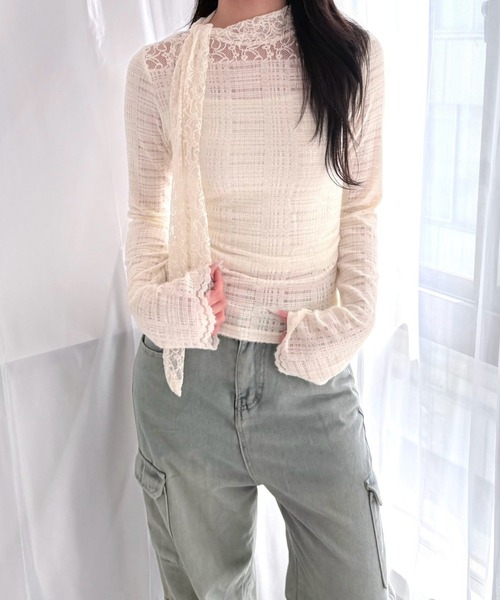 merrylatte(メリーラテ)の「レースリボン ハイネックトップスシアー レース(Tシャツ/カットソー・レディース・ホワイト・FREE)」の3枚目の写真