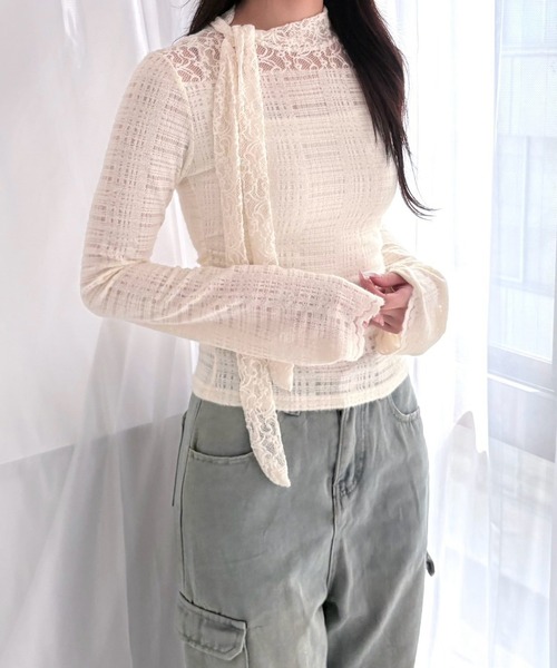 merrylatte(メリーラテ)の「レースリボン ハイネックトップスシアー レース(Tシャツ/カットソー・レディース・ホワイト・FREE)」の5枚目の写真
