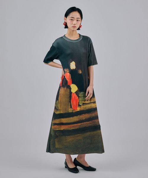 NON TOKYO(ノントーキョー)の「PRINT RIB HALF SLEEVE ONE-PIECE(ワンピース・レディース・ホワイト×ブルー/ブラック系/ブラウン系・2/1)」の2枚目の写真