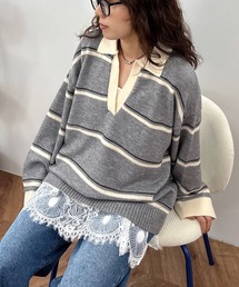 ISOOK | 【ISOOK / アイスー】配色ボーダーオーバーラガーニット / マルチボーダー ビッグサイズ オーバーサイズ スキッパー 襟付きニット バイカラー(ニット/セーター)
