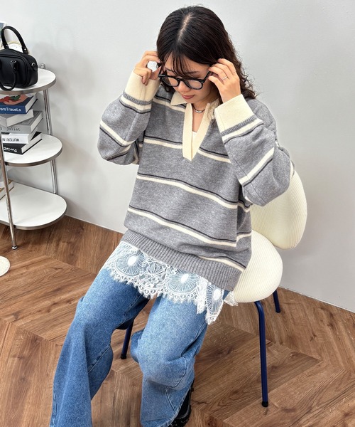 ISOOK(アイスー)の「【ISOOK / アイスー】配色ボーダーオーバーラガーニット / マルチボーダー ビッグサイズ オーバーサイズ スキッパー 襟付きニット バイカラー(ニット/セーター・レディース・ブラウン/グレー・FREE)」の18枚目の写真