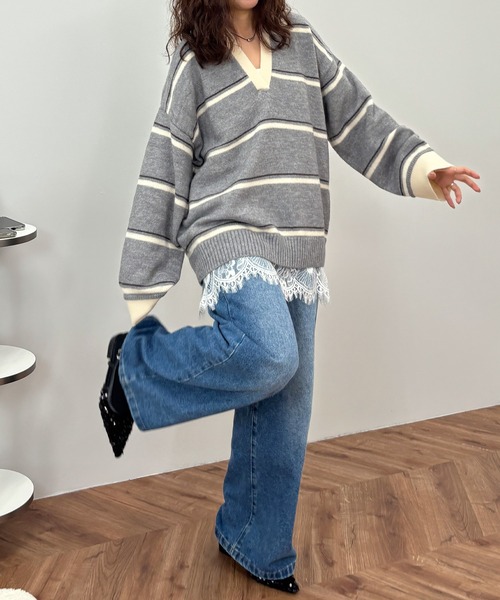 ISOOK(アイスー)の「【ISOOK / アイスー】配色ボーダーオーバーラガーニット / マルチボーダー ビッグサイズ オーバーサイズ スキッパー 襟付きニット バイカラー(ニット/セーター・レディース・ブラウン/グレー・FREE)」の20枚目の写真