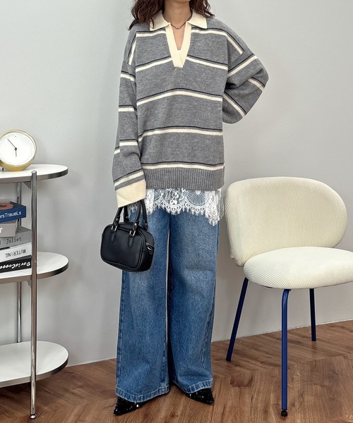 ISOOK(アイスー)の「【ISOOK / アイスー】配色ボーダーオーバーラガーニット / マルチボーダー ビッグサイズ オーバーサイズ スキッパー 襟付きニット バイカラー(ニット/セーター・レディース・ブラウン/グレー・FREE)」の7枚目の写真