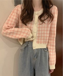 配色チェックニットカーディガン