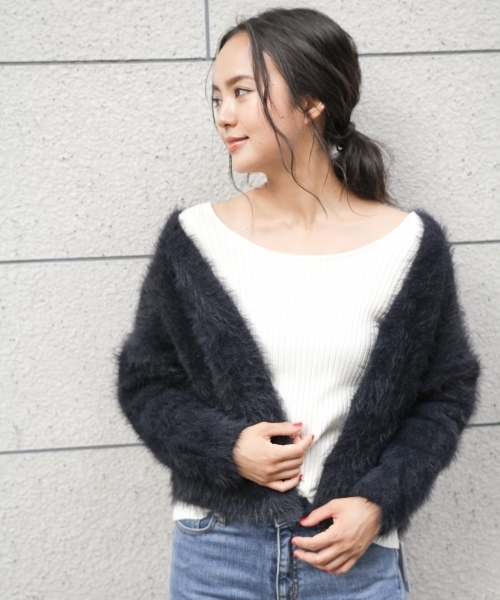 laboratory work（ラボラトリーワーク）の「ふわふわフェザーヤーンルーズカーデ（カーディガン/ボレロ・レディース・ブラック/ピンク/ライトグレー・MEDIUM）」の11枚目の写真