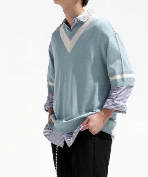 STUDIOUS（ステュディオス）の「【STUDIOUS】シルクブレンドVネックチルデンハーフスリーブニット（ニット/セーター・メンズ・ネイビー/サックスブルー/ブラック・1/2/3）」の14枚目の写真