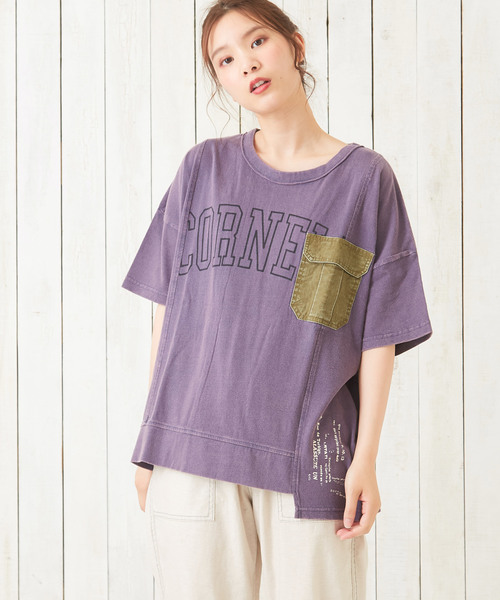 CUBE SUGAR(キューブシュガー)の「天竺パウダー加工リメイク風Tシャツ(Tシャツ/カットソー・レディース・チャコール/ネイビー/レッド/カーキ・M)」の1枚目の写真