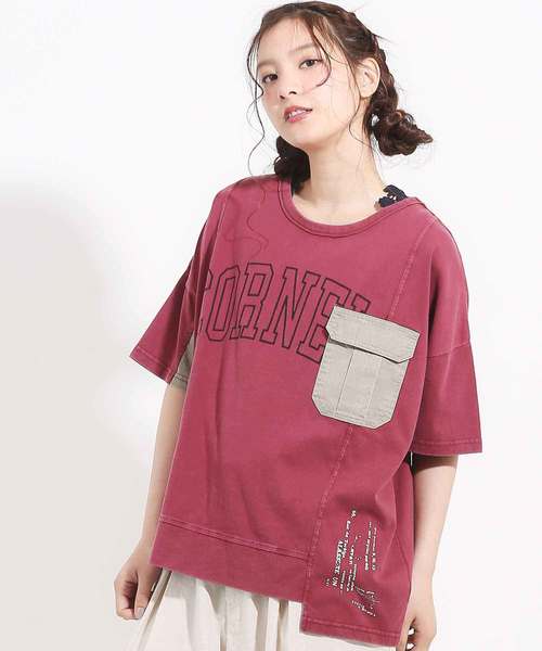 CUBE SUGAR(キューブシュガー)の「天竺パウダー加工リメイク風Tシャツ(Tシャツ/カットソー・レディース・チャコール/ネイビー/レッド/カーキ・M)」の4枚目の写真