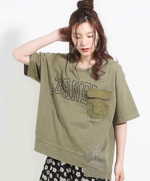 CUBE SUGAR(キューブシュガー)の「天竺パウダー加工リメイク風Tシャツ(Tシャツ/カットソー・レディース・チャコール/ネイビー/レッド/カーキ・M)」の3枚目の写真