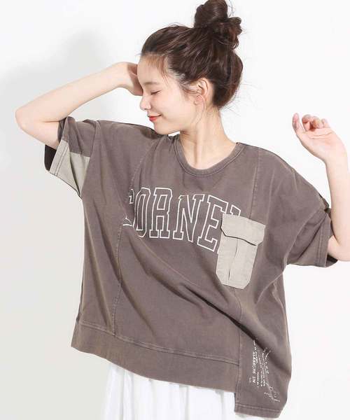 CUBE SUGAR(キューブシュガー)の「天竺パウダー加工リメイク風Tシャツ(Tシャツ/カットソー・レディース・チャコール/ネイビー/レッド/カーキ・M)」の2枚目の写真