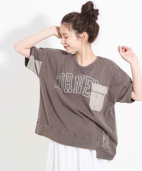 CUBE SUGAR(キューブシュガー)の「天竺パウダー加工リメイク風Tシャツ(Tシャツ/カットソー・レディース・チャコール/ネイビー/レッド/カーキ・M)」の5枚目の写真