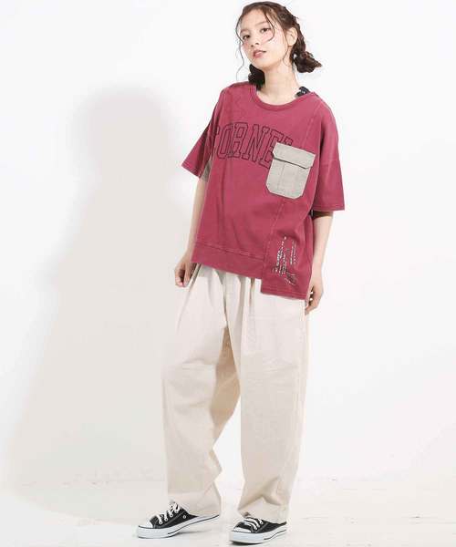 CUBE SUGAR(キューブシュガー)の「天竺パウダー加工リメイク風Tシャツ(Tシャツ/カットソー・レディース・チャコール/ネイビー/レッド/カーキ・M)」の6枚目の写真