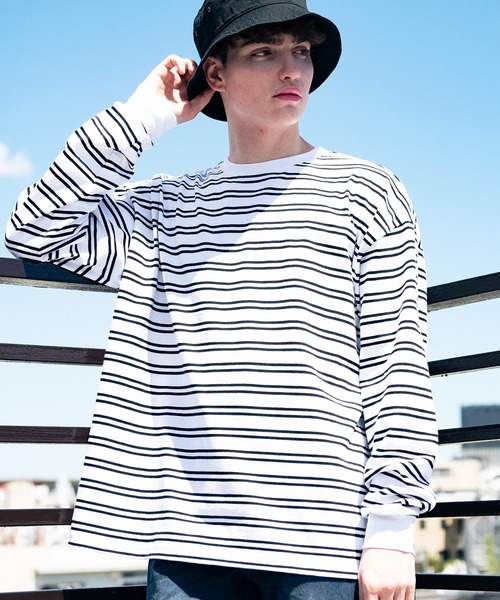 ８(eight)（エイト）の「ボーダービッグロンT（Tシャツ/カットソー・メンズ・ホワイト/グリーン/ブラック/グレイッシュベージュ・MEDIUM/LARGE）」の2枚目の写真