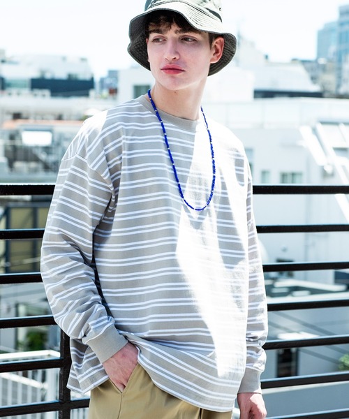 ８(eight)（エイト）の「ボーダービッグロンT（Tシャツ/カットソー・メンズ・ホワイト/グリーン/ブラック/グレイッシュベージュ・MEDIUM/LARGE）」の4枚目の写真