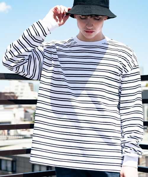 ８(eight)（エイト）の「ボーダービッグロンT（Tシャツ/カットソー・メンズ・ホワイト/グリーン/ブラック/グレイッシュベージュ・MEDIUM/LARGE）」の5枚目の写真