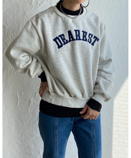 She's Closet(シーズクローゼット)の「裏起毛ビッグシルエット刺繍ロゴショート丈長袖プルオーバースウェット(スウェット・レディース・ネイビー/オートミール・FREE)」の12枚目の写真