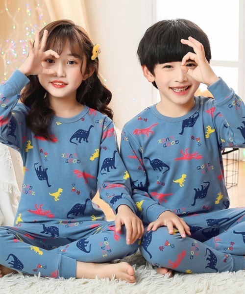 キッズ 長袖ゆるデザインセットアップルームウェアパジャマ 上下