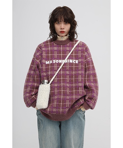 MASONPRINCE(メイソンプリンス)の「【MASONPRINCE】Oversized retro check embroidery logo knit pullover MY3045(ニット/セーター・メンズ・パープル/ブラック/ブラウン/グリーン/ベージュ・L/M/S)」の5枚目の写真
