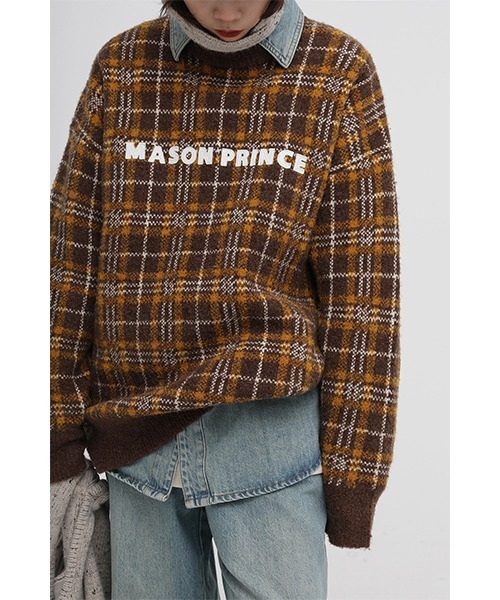 MASONPRINCE(メイソンプリンス)の「【MASONPRINCE】Oversized retro check embroidery logo knit pullover MY3045(ニット/セーター・メンズ・パープル/ブラック/ブラウン/グリーン/ベージュ・L/M/S)」の2枚目の写真