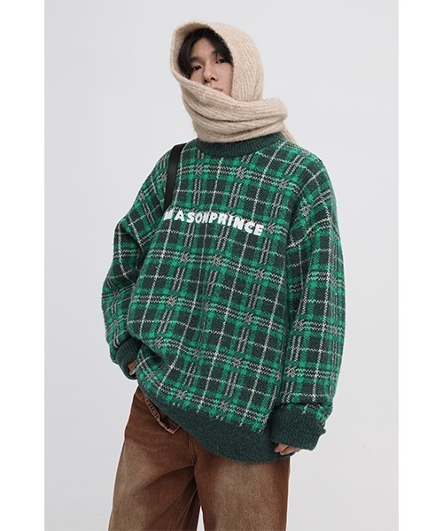 MASONPRINCE(メイソンプリンス)の「【MASONPRINCE】Oversized retro check embroidery logo knit pullover MY3045(ニット/セーター・メンズ・パープル/ブラック/ブラウン/グリーン/ベージュ・L/M/S)」の4枚目の写真