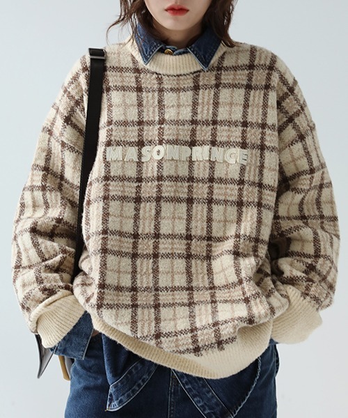 MASONPRINCE(メイソンプリンス)の「【MASONPRINCE】Oversized retro check embroidery logo knit pullover MY3045(ニット/セーター・メンズ・パープル/ブラック/ブラウン/グリーン/ベージュ・L/M/S)」の7枚目の写真