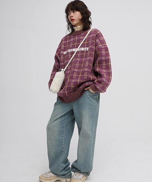 MASONPRINCE(メイソンプリンス)の「【MASONPRINCE】Oversized retro check embroidery logo knit pullover MY3045(ニット/セーター・メンズ・パープル/ブラック/ブラウン/グリーン/ベージュ・L/M/S)」の17枚目の写真