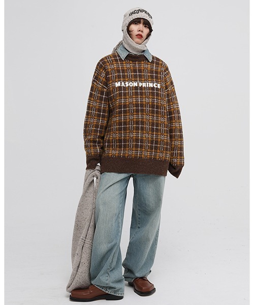 MASONPRINCE(メイソンプリンス)の「【MASONPRINCE】Oversized retro check embroidery logo knit pullover MY3045(ニット/セーター・メンズ・パープル/ブラック/ブラウン/グリーン/ベージュ・L/M/S)」の20枚目の写真