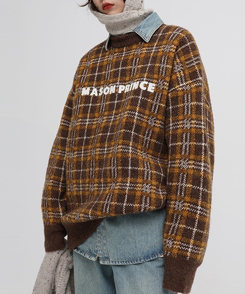 MASONPRINCE(メイソンプリンス)の「【MASONPRINCE】Oversized retro check embroidery logo knit pullover MY3045(ニット/セーター・メンズ・パープル/ブラック/ブラウン/グリーン/ベージュ・L/M/S)」の22枚目の写真