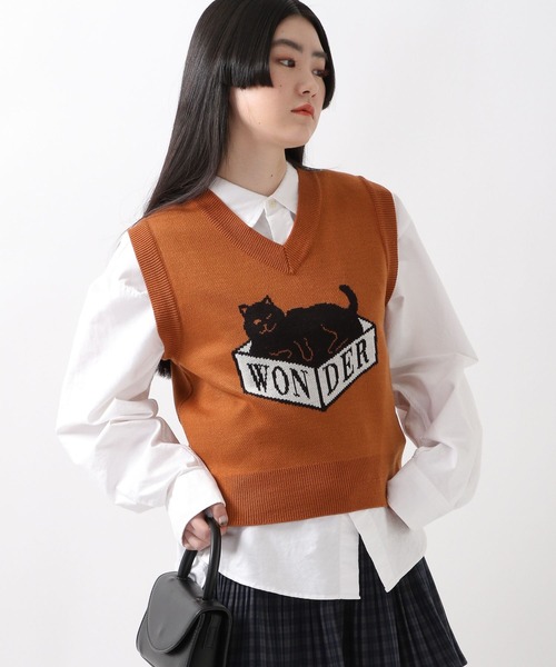 WONDER VISITOR（ワンダービジター）の「WONDER VISITOR／Box Catニットベスト 2276924（ベスト・レディース・ライトブルー/ブラウン・FREE）」の2枚目の写真
