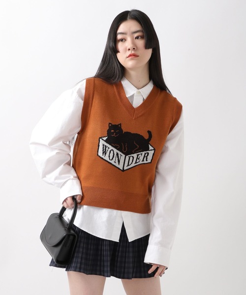 WONDER VISITOR（ワンダービジター）の「WONDER VISITOR／Box Catニットベスト 2276924（ベスト・レディース・ライトブルー/ブラウン・FREE）」の5枚目の写真